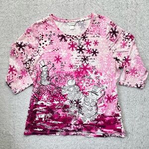 CJ Banks Pink Snowman Snow Flakes Quarter Sleeve Blouse Size 1X
